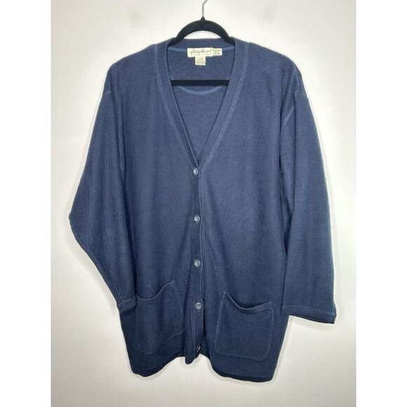 Eddie Bauer Sweater Womans Navy Blue Cable Knit Cardigan Button Up Vtg Size XL P - Picture 1 of 10